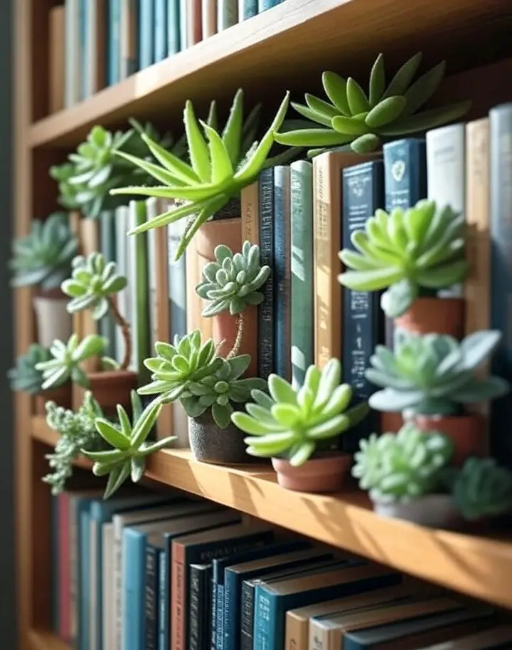 Succulent bookshelf display