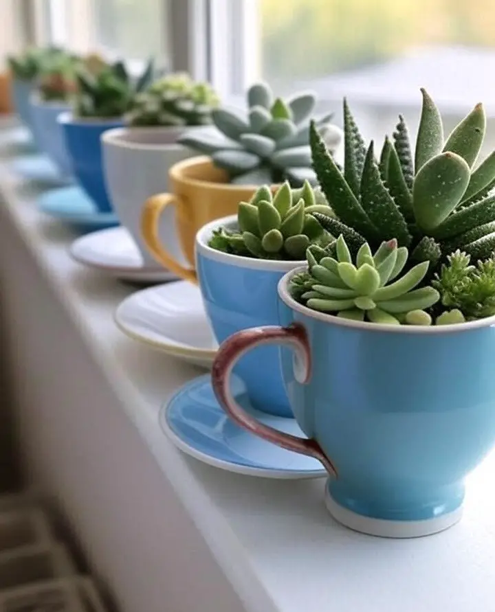 Succulent-filled teacup planters