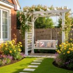 White pergola with climbing roses