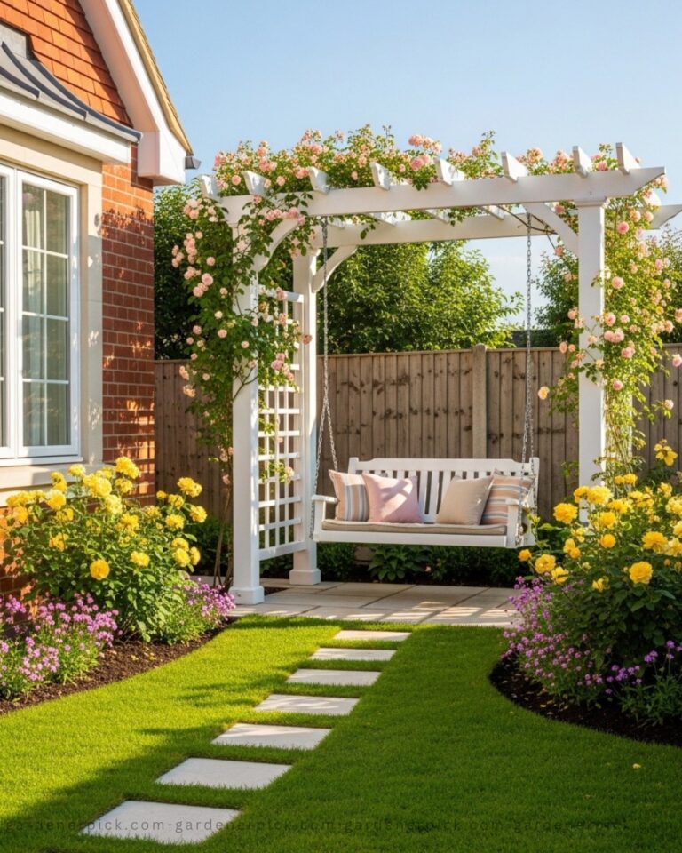 White pergola with climbing roses